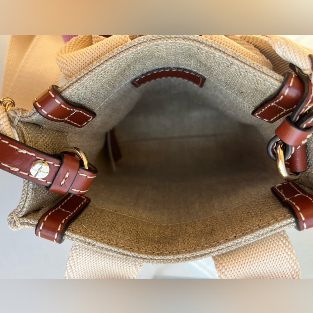 Chloé Mini Woody Linen Canvas North/South Tote- White-Brown - Picture 12 of 15